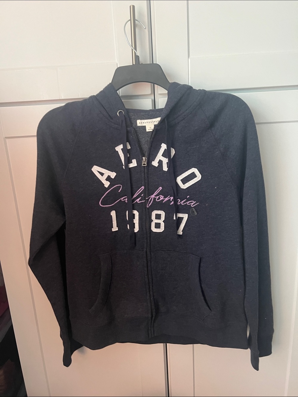 Aeropostale Navy Zip Hoodie with White & Pink Script